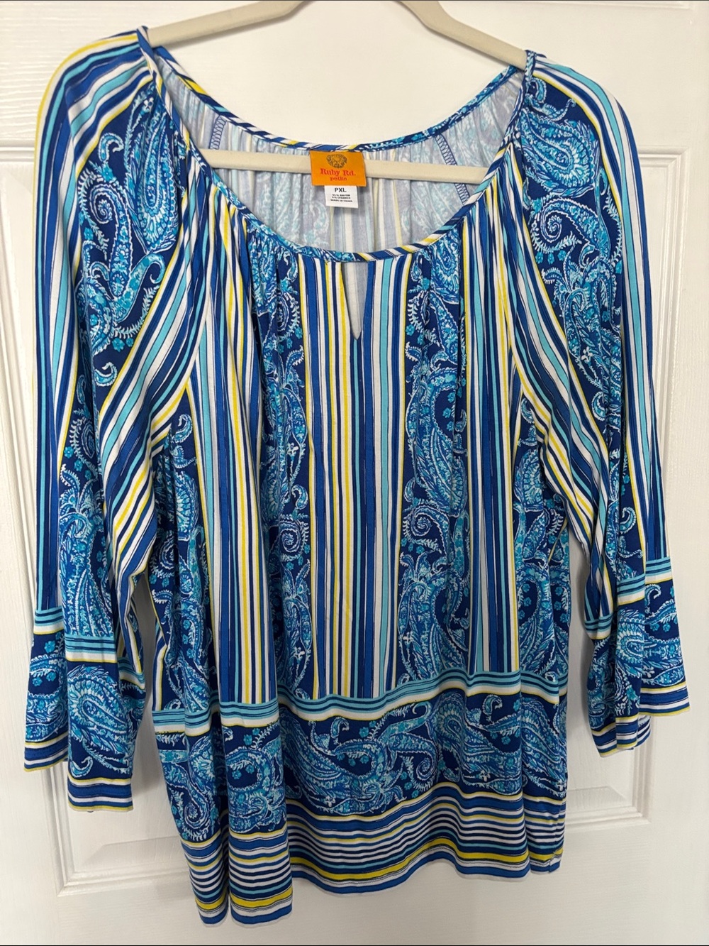 Ruby Rd. Blue Paisley & Stripe Peasant Tunic with Yellow Accents